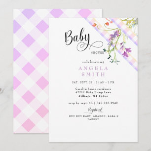 Lavender Gingham Wildflowers Baby Shower Invitation