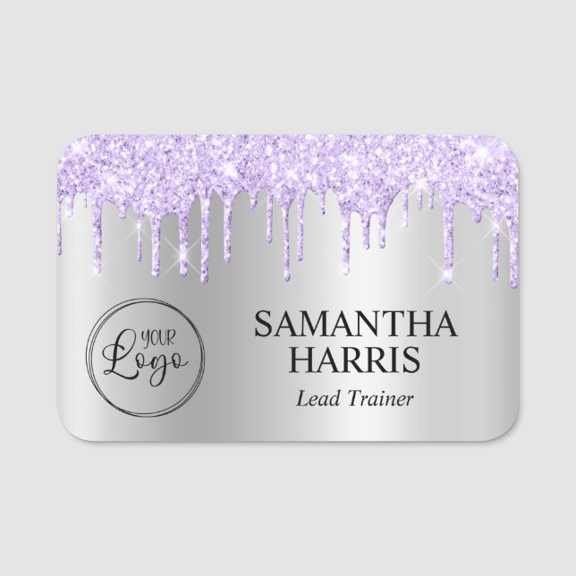 Lavender Glitter Drips Silver Shimmer Name Tag (Front)