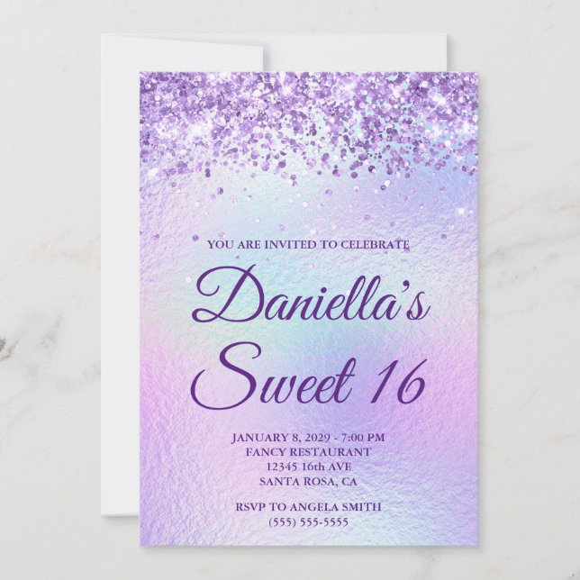Lavender Glitter Iridescent Foil Sweet 16 Invitation (Front)