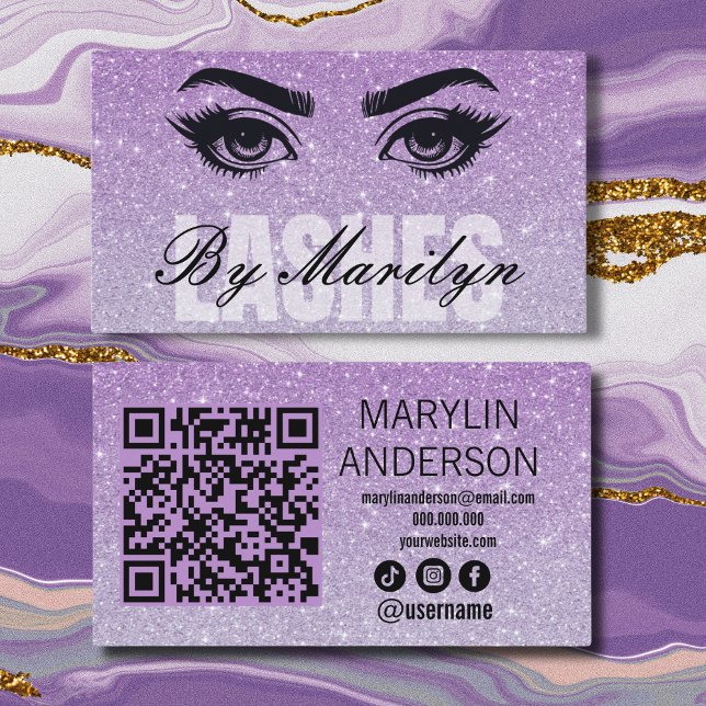 Lavender Glitter Ombre Lash Tech QR Code Scannable Business Card (Creator Uploaded)