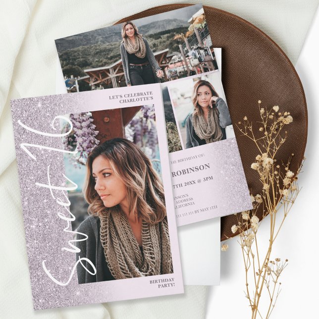 Lavender glitter ombre script 4 photos Sweet 16 Invitation (Creator Uploaded)