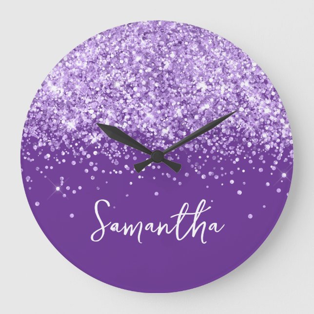 Lavender Glitter Royal Purple Script Name Large Clock (Front)