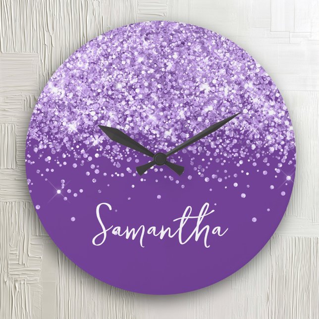 Lavender Glitter Royal Purple Script Name Large Clock (Lavender Glitter Royal Purple Script Name Large Clock)