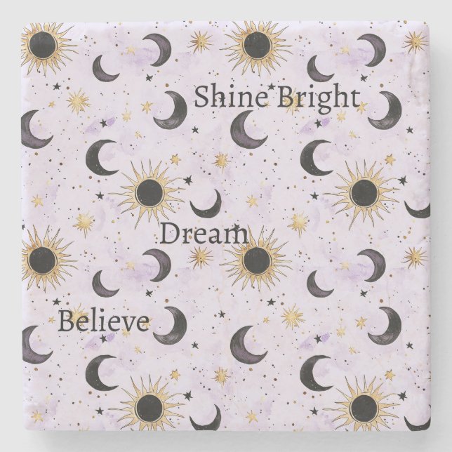 Lavender Gold Black Sun Moon Stone Coaster (Front)
