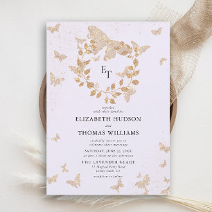 Lavender Gold Butterflies Eucalyptus Crest Wedding Invitation