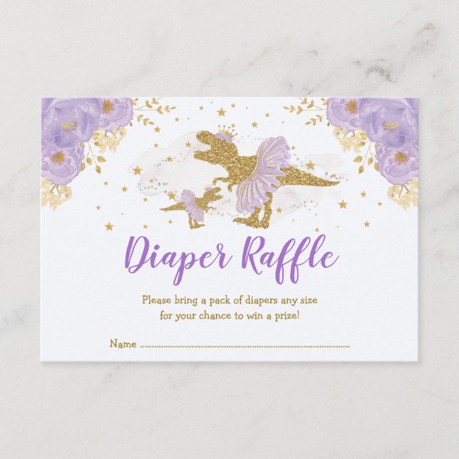 Lavender Gold Dinosaur Ballerina Diaper Raffle Enclosure Card (Front)