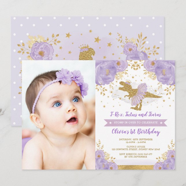 Lavender Gold Dinosaur T Rex Girl Birthday Photo Invitation (Front/Back)