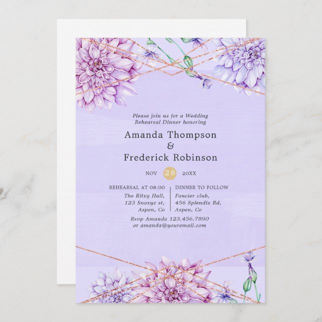 Lavender & Gold Floral Geometric Rehearsal Dinner Invitation (Front/Back)