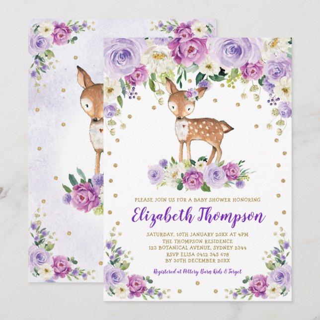 Lavender Gold Floral Woodland Deer Baby Shower Invitation (Front/Back)
