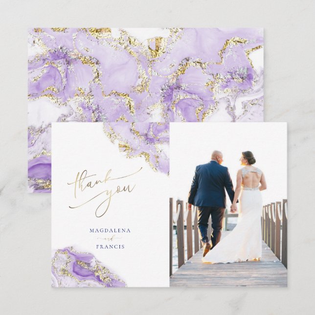 lavender gold fluid marble wedding thank you card (Front/Back)