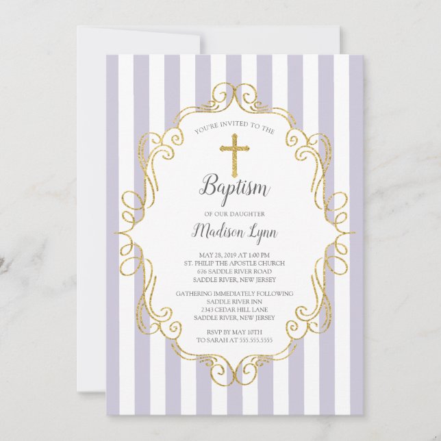 Lavender & Gold Frame Girls Baptism Invitation (Front)
