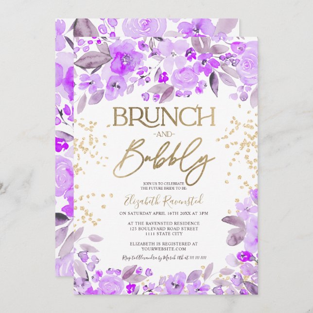Lavender gold glitter floral chic bridal shower invitation (Front/Back)