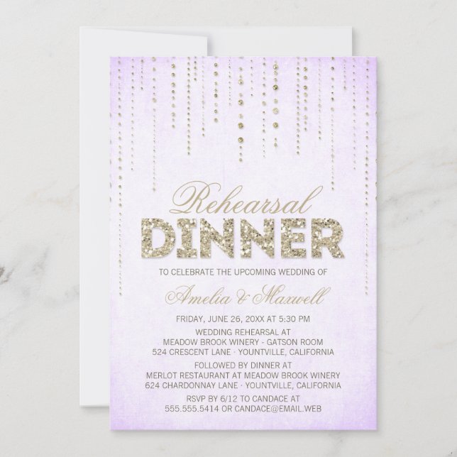 Lavender & Gold Glitter Look Rehearsal Dinner Invitation (Front)