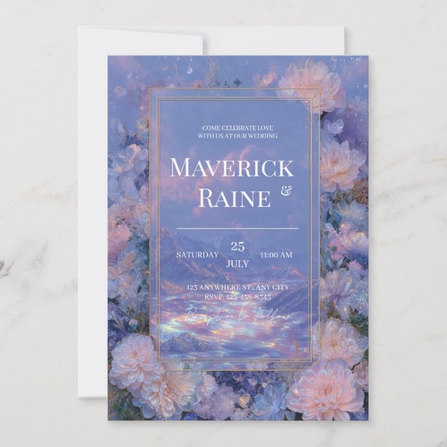 Lavender Gold Iridescent Floral Mountain Wedding Invitation (Front)