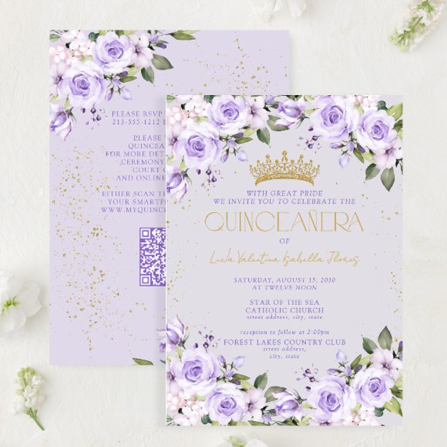 Lavender Gold QR Code Quinceañera Mis Quince  Invitation (Creator Uploaded)