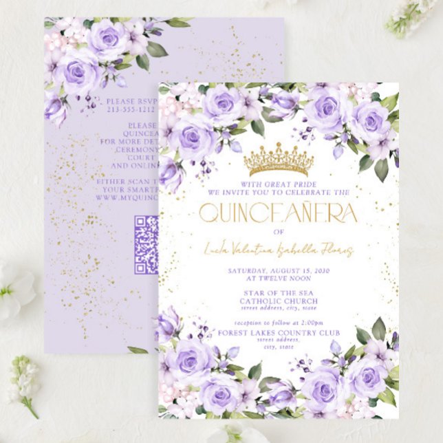 Lavender Gold QR Quinceañera Mis Quince 15 Años Invitation (Creator Uploaded)