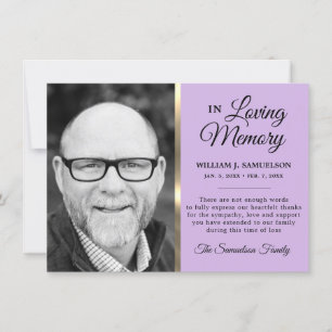 Lavender Gold Sympathy Funeral Memory Photo Thank You Card