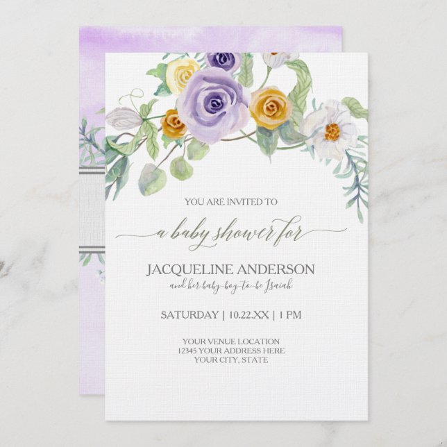 Lavender Golden Amber Rose Floral Baby Shower Girl Invitation (Front/Back)