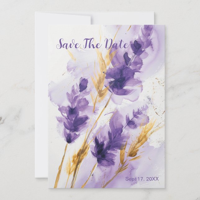 Lavender Golden Watercolor Floral Save The Date Invitation (Front)