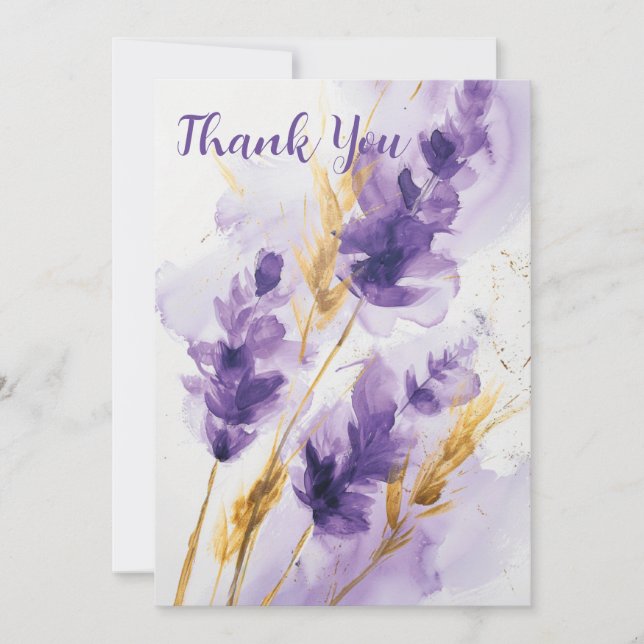 Lavender Golden Watercolor Floral Thank You Card (Front)