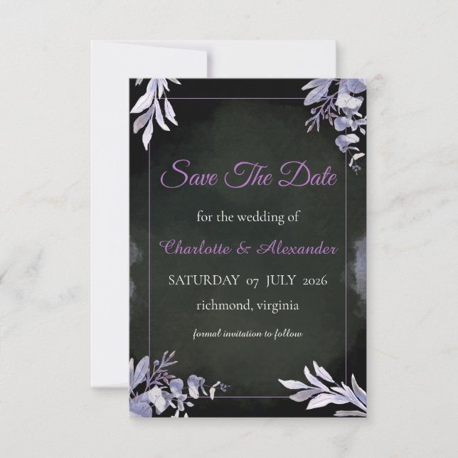 Lavender Gothic Floral Save The Date Card (Front)