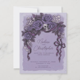 Lavender Gothic Wedding, Skull and Roses Invitation