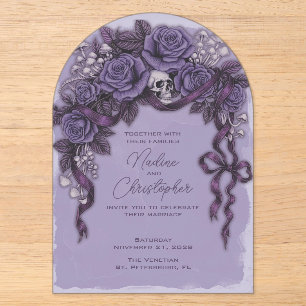 Lavender Gothic Wedding, Skull Roses and Mushrooms Acrylic Invitations
