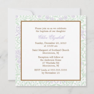 Lavender Green Floral Damask Christening Invitation