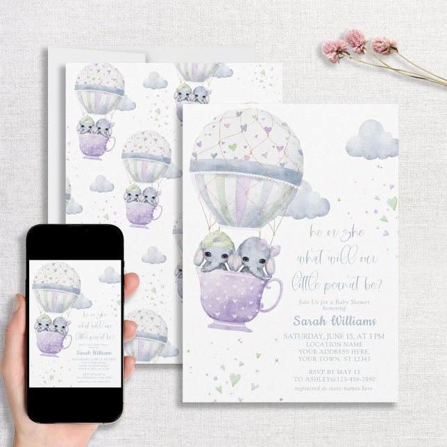 Lavender Green Gender Reveal Elephant Baby Shower Invitation (Creator Uploaded)