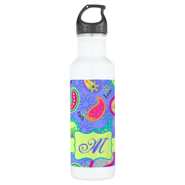 Lavender Green Modern Paisley Pattern Monogram 710 Ml Water Bottle (Front)