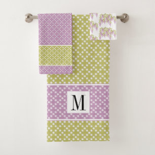 Lavender, green pattern wisteria flowers towel set