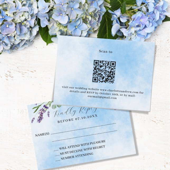 Lavender greenery blue QR wedding RSVP response (Creator Uploaded)