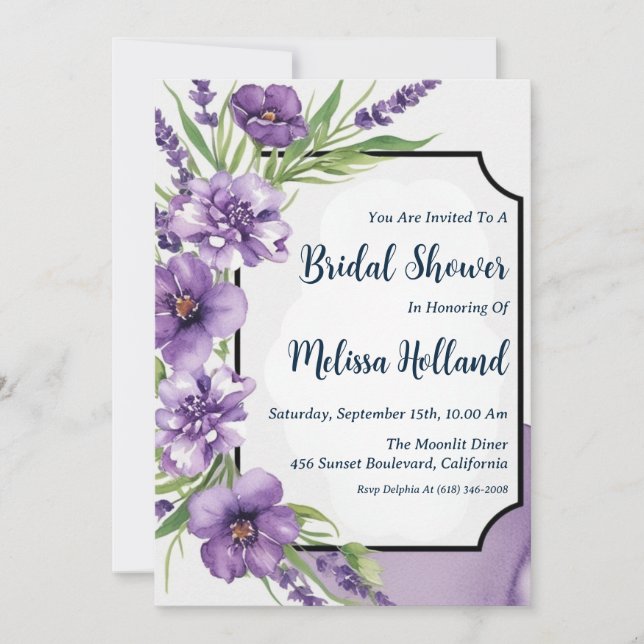 lavender greenery purple floral bridal shower invitation (Front)