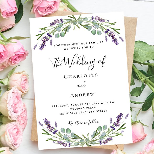 Lavender greenery purple florals script wedding  invitation (Creator Uploaded)