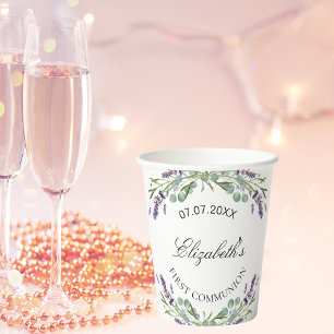 Lavender greenery violet florals First Communion Paper Cups