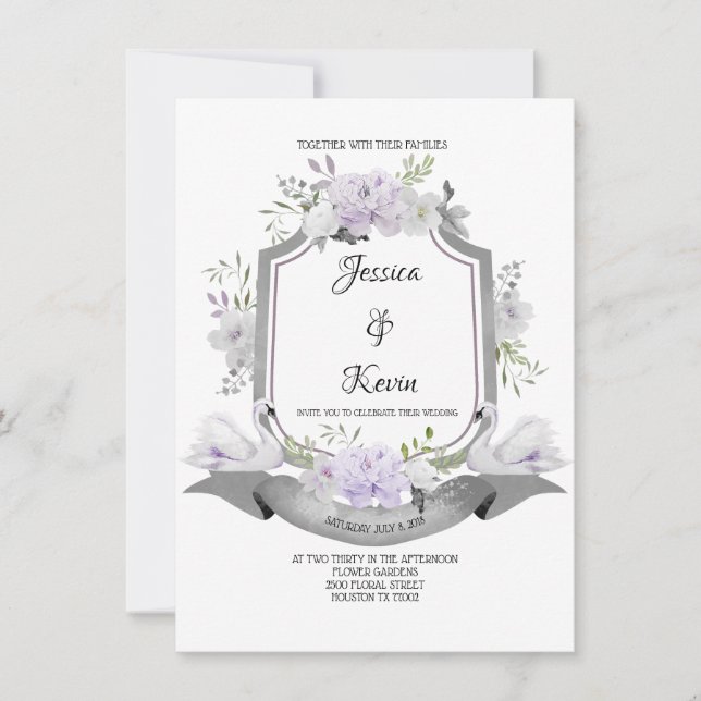 Lavender Grey Crest Swan Wedding Invitation (Front)