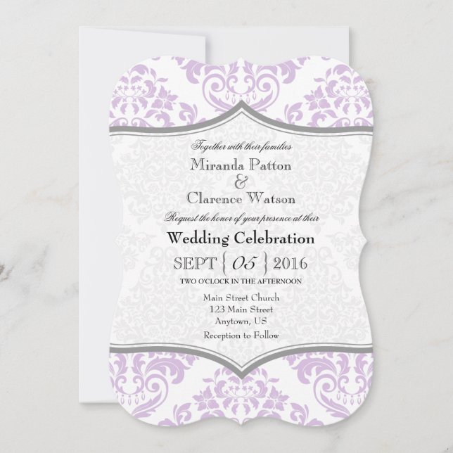 Lavender Grey Damask Bracket Wedding Invite (Front)