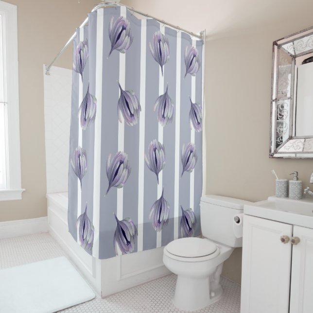 Lavender Grey Flower Bud on Grey Stripes Shower Curtain (In Situ)