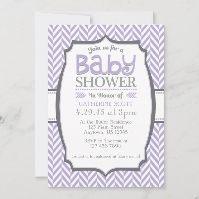 Lavender Grey Herringbone Baby Shower Invitations (Front)