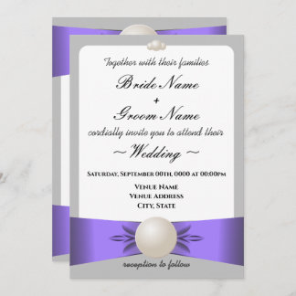 Lavender & Grey Pearl Ribbon Wedding & Reception Invitation