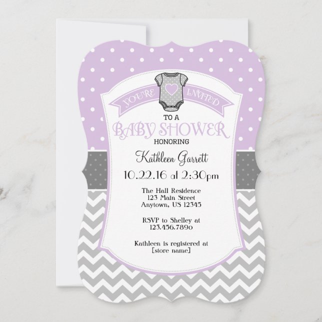 Lavender Grey Polka Dot Chevron Baby Shower Invite (Front)