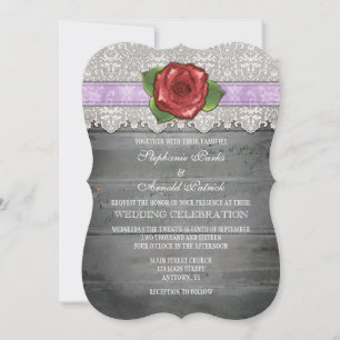 Lavender Grey Rustic Wood Rose Wedding Invite