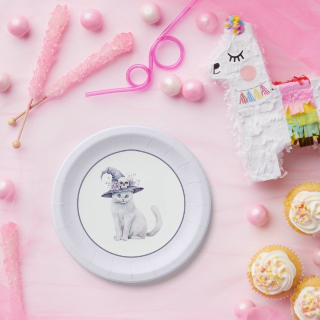 Lavender Halloween Cat Moon Flowers Paper Plate (Party)