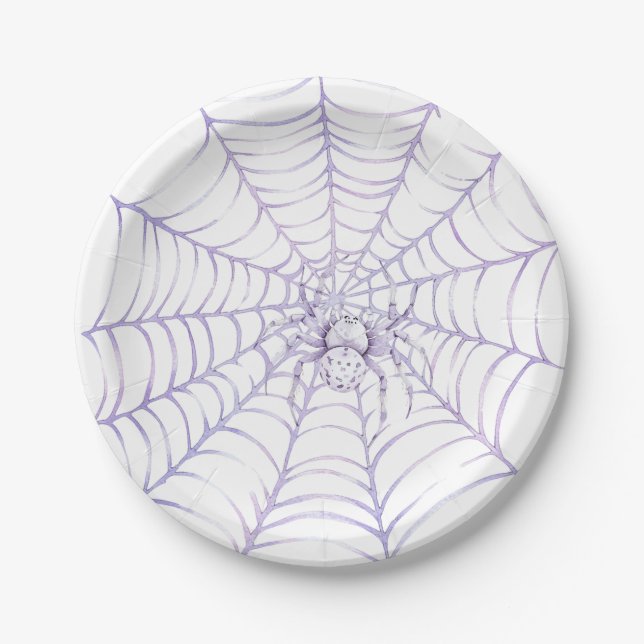 Lavender Halloween Spider on Web Paper Plate (Front)
