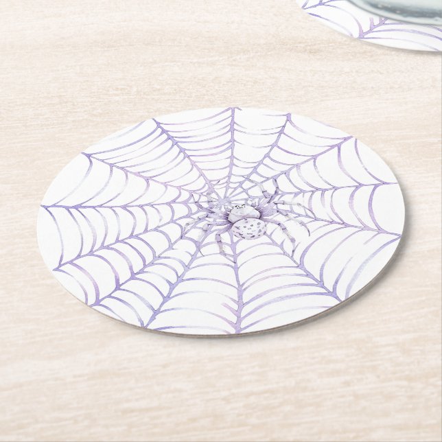 Lavender Halloween Spider on Web Round Paper Coaster (Angled)
