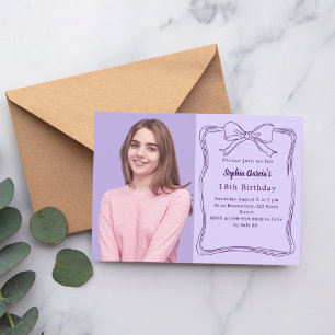 Lavender hand-drawn bow photo birthday invitation