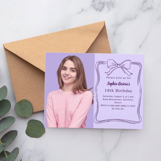 Lavender hand-drawn bow photo birthday invitation postcard (Creator Uploaded)