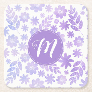 Lavender Hand Drawn Floral Pattern & Monogram Square Paper Coaster