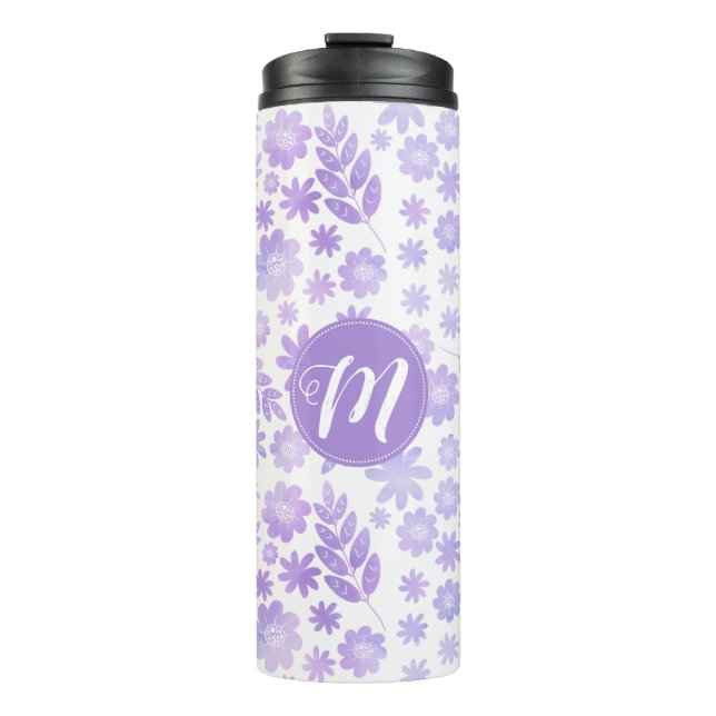 Lavender Hand Drawn Floral Pattern & Monogram Thermal Tumbler (Front)