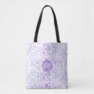 Lavender Hand Drawn Floral Pattern & Monogram Tote Bag